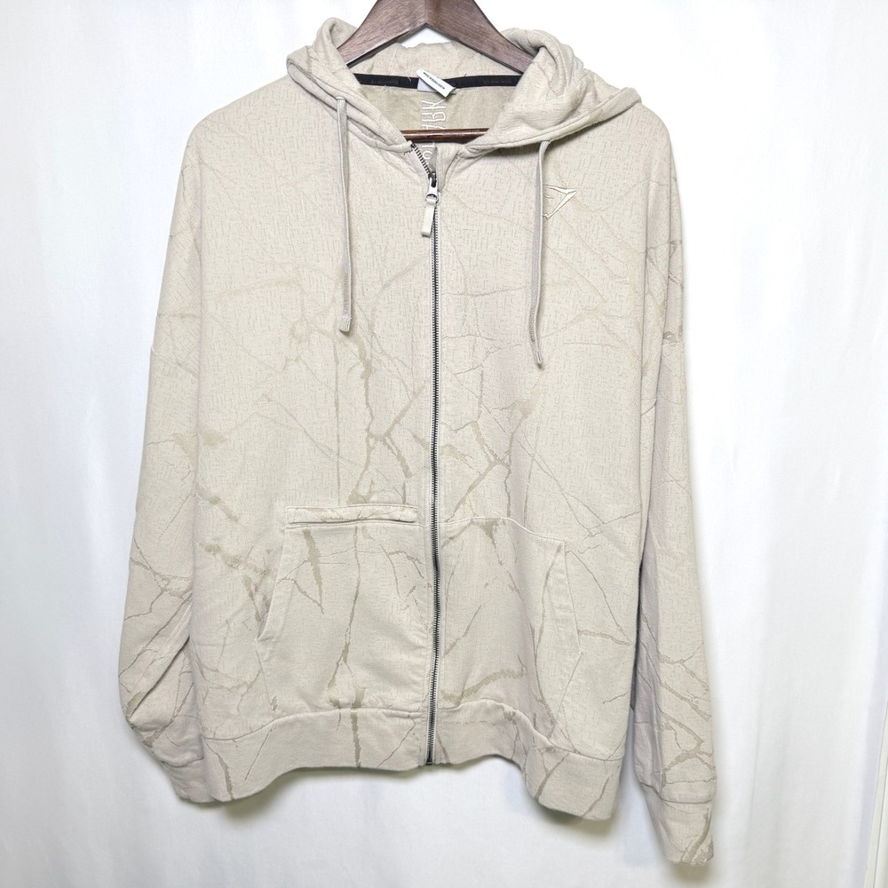 Gymshark Mens Marble Jacquard Embroidered Full Zip Hoodie Beige Large A1A3N